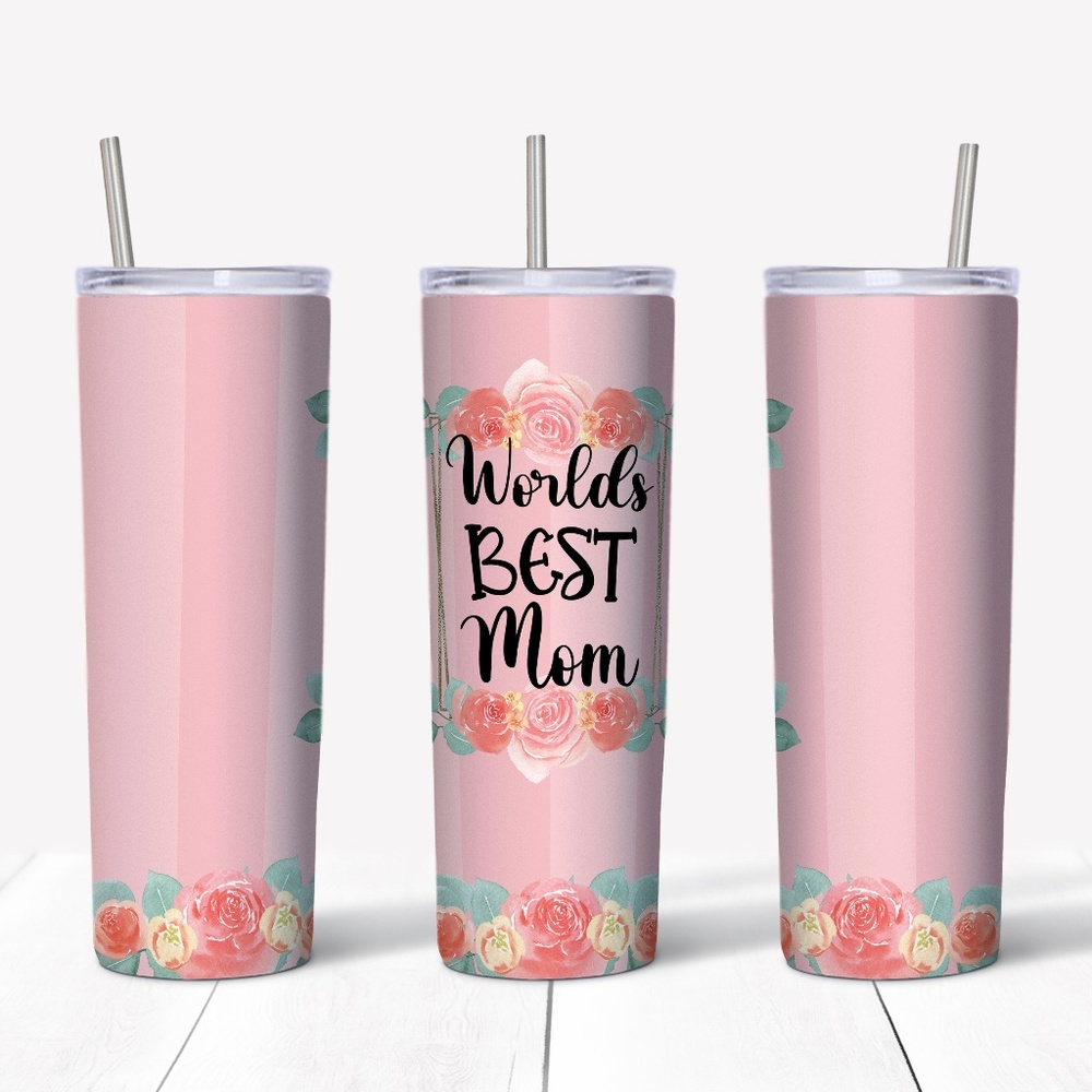 Worlds Best Mom - Pink Striped Floral 20 Oz Skinny Sublimated Tumbler